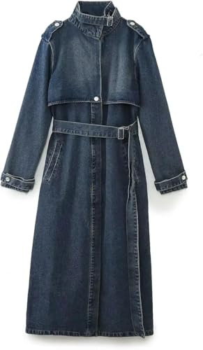 Trench Lungo in Denim da Donna Elegante Colletto con Bottoni con Cintura Cappotto in Denim Classico Street Fashion con Tasche Giacca in Denim