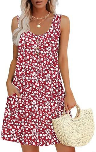 MOLERANI Vestido de Verano para Mujer Cuello Redondo Vestido sin Mangas Vestido Casual Suelto con Bolsillos Flores Rojas pequeñas L
