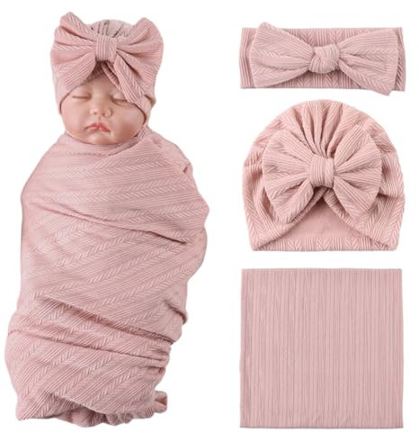 MniJiza Newborn Swaddle Blanket Baby Girls Receiving Blankets with Headband Beanie Hat Set Soft Nursery Swaddle Wrap (Skin Pink)