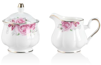 Sweejar Home Royal - Set da 3 pezzi in ceramica per zucchero e lattiera, con brocca per panna, zuccheriera, set per zucchero con coperchio e cucchiaio, regalo per matrimonio (fiore)