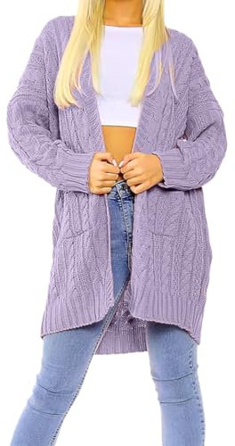 FASHIONISM Langärmeliger Damen-Strick-Cardigan mit Zopfmuster, mit Tasche, vorne offen, lang, übergroßer Winterpullover, Flieder, 34-36