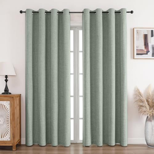 CUCRAF Tenda 100% Opaca in Lino, con Occhielli, Tende Oscuranti Grigio-Verde H290 x L140 cm, Set di 2, Tenda Termica per Protezione dal Freddo e Insonorizzazione, per Soggiorno e Camera da Letto