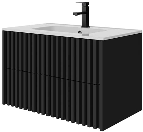 UEV Waschtisch mit Unterschrank,Waschbeckenunterschrank 80cm hängend | Waschplatz, Keramik Waschbecken, Badezimmmer Möbel für Gäste WC, Badmöbel Set, Schwarz