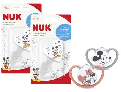 NUK Space Schnuller Disney Mickey Gr. 3 (18–36 Monate) + 2x Saugerband – Silikon-Schnuller Set – Für Kleinkinder – Mit Lüftungslöchern