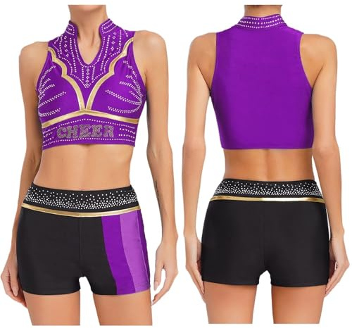 EURDFHY Cheerleader outfit Womens Shiny Rhinestone Cheerleader Modern Dance Costume Cheerleading Uniform V Neck Tank Tops With Shorts Cheer Set(Purple,XL)