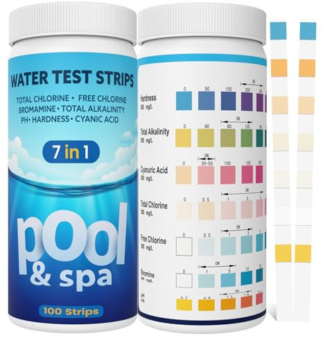 AKSBTEC 7 in 1 Pool Teststreifen, Schnell Pool Wassertester Einfach Teststreifen für Pool Ph und Chlor,Cyanursäure,Brom und mehr Pool Tester Poolzubehör für Schwimmbäder,SPA (50 Stück 7 in 1)