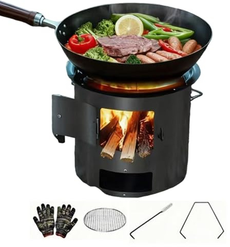 Estufa De Leña Para Exteriores - Quemador Compacto Con Asa,Estufa De Camping Con Parrilla Y Manoplas | para Acampada Senderismo Cocina y