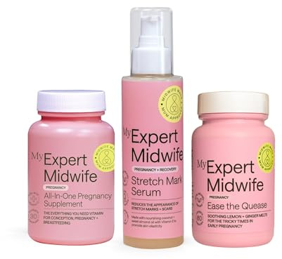 My Expert Midwife First Trimester (Pack of 3) | Support for the Early Days, All in One Pregnancy Supplements, Soothing Ginger Melts & Stretch Mark Serum, UK Made