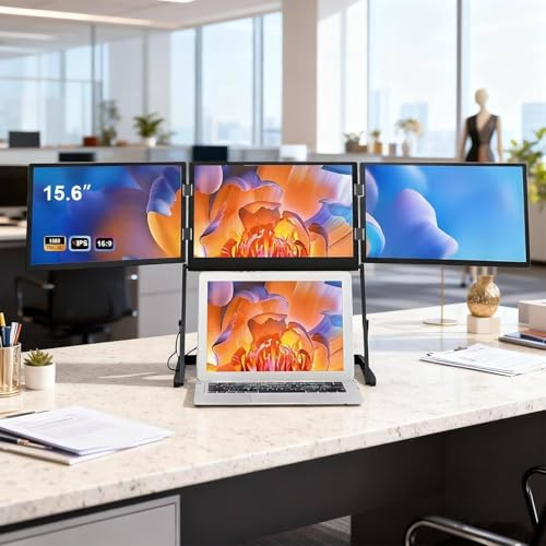 WEIZIIA laptop screen extender triple monitor, 15.6 Laptop Tri-Fold Monitor, 1920 x 1080 FHD Portable Laptop Screen Extender, Extended Screen with 360° Rotation Acjustable Viewing Angles