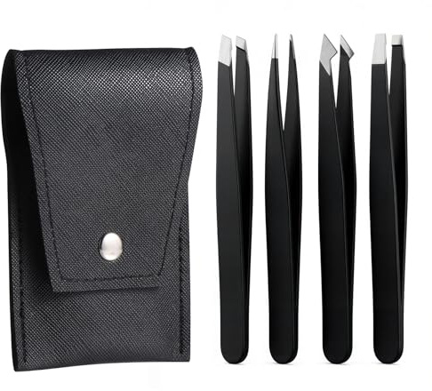Brencco Kit 4 Pinzas Depilar Profesional Acero Inoxidable, Cejas | Pelos Encarnados, Barba – Punta Recta/Punta Oblicua/Punta Inclinada Puntiaguda/Punta