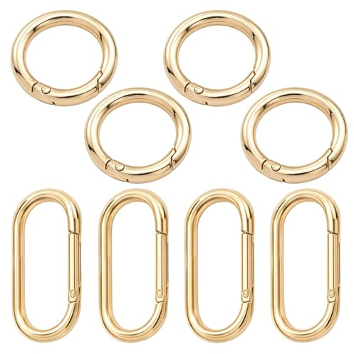 Karabiner Gold, 4 Ovale Haken 1,5 Zoll und 4 Runde Haken 1 Zoll, Dekorative Aufhänger für Kleidung und Accessoires, Stabile Metallkarabiner in Goldfarbe für Schmuck und Schlüssel