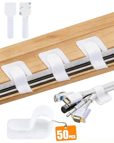 Acual Organizador de Cables Escritorio 50 Piezas, Gestión de Cables Debajo con Cierre de Gancho y Bucle, Ordenar Cables Adhesivo Fuerte, Cable Management Under Desk en Oficina, Hogar, PC y TV - Blanco