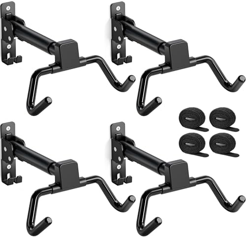 monTEK Bike Wall Mount with Helmet Hook, Adjustable Distance & Angle, 30kg | 4 Pack Heavy-Duty Bike Hanger, Foldable Bike Wall Rack for Garage, Space-Saving Bicycle Storage for MTB, Road & E-Bike