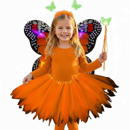 Costume Farfalla Bambina 4 Pcs Costume Fata Ragazza con Bacchetta Magica e Fascia Vestito Principessa con Ali Tutù per i Capelli a Farfalla per Ragazze Bambina Feste a Tema Carnevale (A02-Orange)