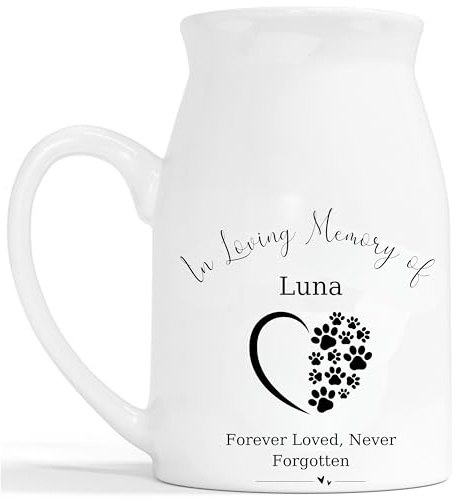 Pet Memorial Flower Vase - Personalised Pet Loss Gift Ceramic Customised Milk Jug - Forever Loved Dog Rememberance Cat Bereavement Keepsake - White 450ml