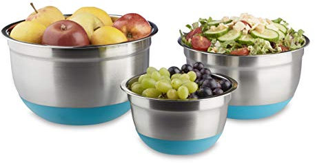 Relaxdays Set di 3 Ciotole con Coperchio, Base Antiscivolo, Varie Misure, Scodelle Contenitore Cucina, Acciaio Inox, Blu