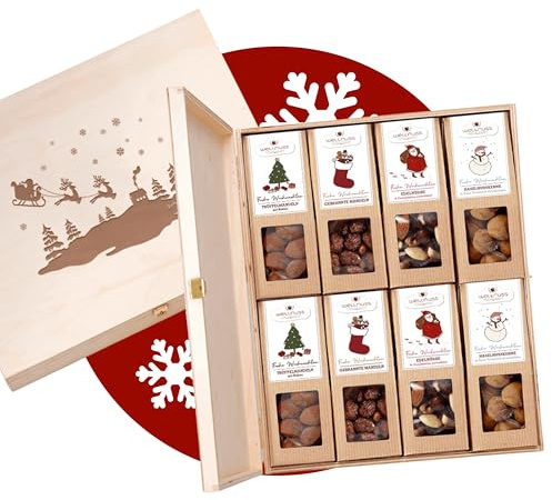 WELLNUSS „Limitierte Weihnachtsedition“ – 8 Premium Snacks in edler Birkenholzbox – Gourmet Geschenkset mit Nüssen, Früchten & Schokolade – Exklusives Weihnachts Geschenk für Feinschmecker