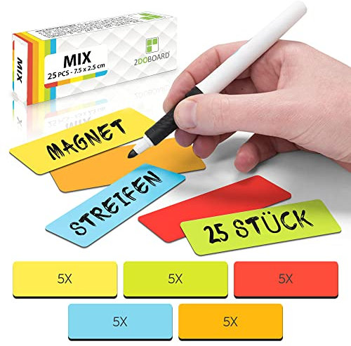2DOBOARD Magnetstreifen beschreibbar - 7,5 cm x 2,5 cm Bunt - 25 Stück - Magnetschilder zum beschriften – Für Kühlschrank, Whiteboard & Tafel - Magnetetiketten