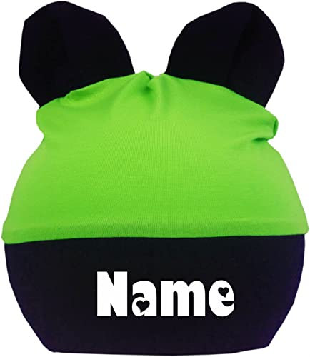 KLEINER FRATZ Kinder Baby Mütze mit Ohren Jungen Mädchen Babymütze Hat mitwachsend mit Namen des Kindes (Gr.1 (KU 35-42) (Gr. 56-74), lime-navy)