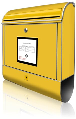 banjado Design Briefkasten personalisiert 38,5x46,5x13cm & 2 Schlüssel - Briefkasten Stahl Weiß Zeitungsfach pulverbeschichtet - Postkasten A4 Einwurf inkl. Montagematerial - Motiv Briefkasten Gelb