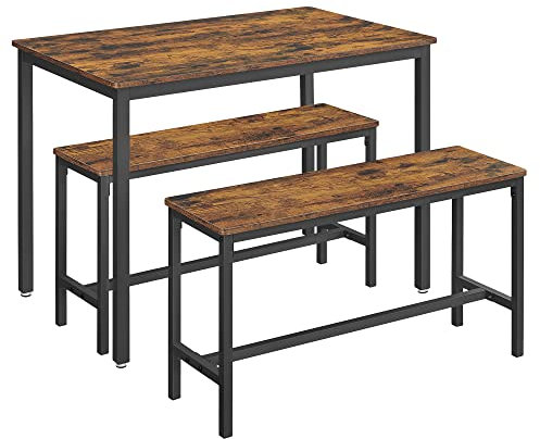 VASAGLE Esstisch mit 2 Bänken, 3er-Set, Küchentisch 70 x 110 x 75 cm, 2 Bänke je 30 x 97 x 50 cm, Stahlgestell, vintagebraun-tintenschwarz KDT070B01