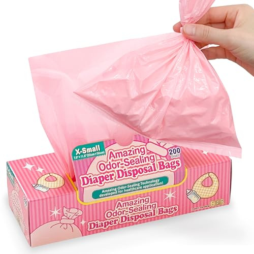 BOS Amazing Olor Sealing Baby Pañal Bolsas de desecho – Duraderas y sin perfume (200 bolsas) [Tamaño: XS, Color: Rosa] Nuevo paquete de bebé!