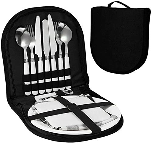 Offfay Camping Cutlery and Plate Set for 2, Picnic Set for 2 Person, Stainless Steel Camping Utensils with Spoons Forks Plates, Travel Cutlery and Plate for Outdoor Hiking, Backpacking (Black)