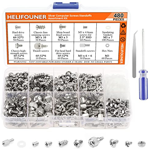 HELIFOUNER 480 Pieces Computer Standoffs Screws Assortment Kit for 2.5 SSD, Hard Drive, Computer Case, Motherboard, Fan Power Graphics with Screwdriver, Silver