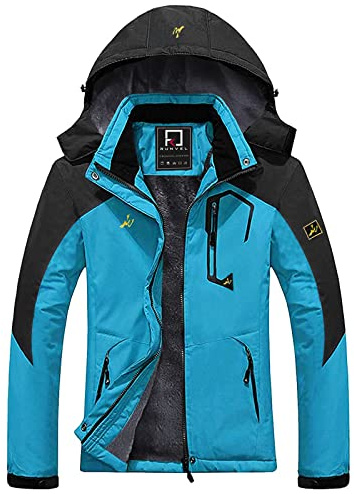 R RUNVEL Damen wasserdichte Winter Warme Fleece Skijacke mit Kapuze Schwarz Medium, blau, 40