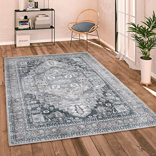 Paco Home Tapis Salon Chambre Adulte Tissage Plat Moderne Vintage Motif Oriental Ornements avec Bordure Lavable, Dimension:200 cm Rond, Couleur:Gris 2