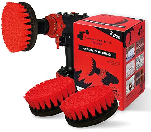 Kornely Premium Drill Brush Professional – Stiff 13 cm Red 3-Piece Set | Scratch-Free Cleaning Brush for Brick, Patio Stone, Decking, Garden Tools, Car Wheels, Pool and Boat Hulls