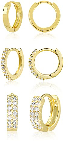 ALEXCRAFT Klein Gold Ohrringe Set für Damen - 3 Paar Silber 925 Ohrringe mit Zirkoni Stein Strass Glitzer Dick Breit Klobige Creolen