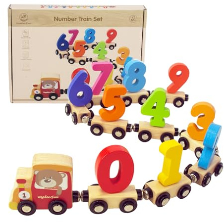 WOODENFUN Number Train Set for 1 2 3 Year Olds, Educational Toy Cars for Toddlers, Montessori Learning Toys for Boys and Girls