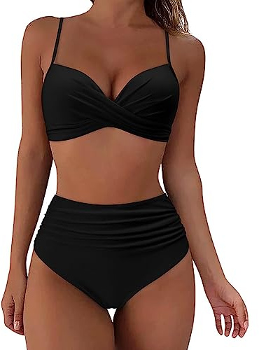 TOEECY Conjuntos de Bikinis para Mujer Push Up Cruzar Fruncido Cintura Alta Traje De Baño Acolchados Retro Bañador 2 Piezas Bikinis Viajes Playa La Natacion (Negro,S)