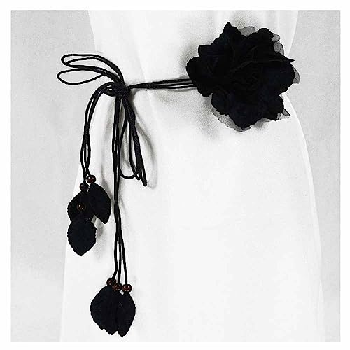 SHTGOI Damen Blumengürtel Chiffon Flower Brautgürtel Verstellbarer Quaste Gürtel Gewebte Gürtelbund Blumenkranz Vintage Taillengürtel Hüftgürtel Deko für Festival Party Hochzeit Strand 150cm Schwarz