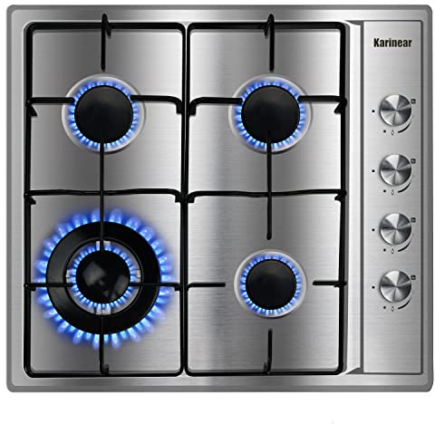 Karinear 24 Inch Gas Cooktop - 4 Burner Stainless Steel Gas Hob, NG/LPG Dual Fuel with Thermocouple Protection for Apartments (Includes Pressure Regulator)