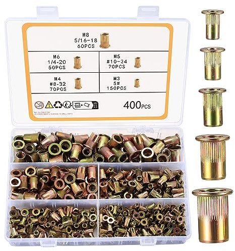 XhjzgcTech Juego de 400 tuercas de remache de cabeza plana, insertos de tuerca, juego surtido, acero al carbono, remaches SAE UNC, tuercas 5#, 8-32, 10-24, 1/4-20, 5/16-18