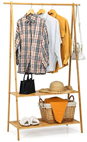 HOMASIS Eselgarderobe Bambus Trapez Stehgarderobe mit 2 Einlegeböden Kleiderständer offener Boden Kleiderstange Kleiderstange für Wand Eingang Flur Schlafzimmer 101 x 45 x 160 cm Natur