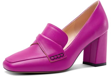 HDEUOLM Womens Chunky Block Mid Heel Square Toe Pumps Court Shoe Slip-on Loafers Shoes Office Basic Classic 8 CM Heels