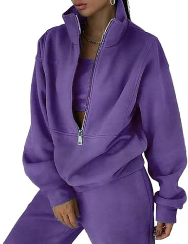 Litthing Survêtements Femme Ensemble Jogging Manche Longue Chaud Zippé Lounge Set Automne Hiver Couleur Unie Pantalons Ensemble de Sport Femme 2 Pièce Grande Lâche Occasionnel