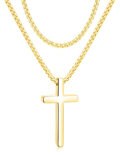 Moguri Kreuz Halskette für Männer, 60cm Edelstahl-Anhänger Kreuze, Kette, Schmuck, Geschenkbox für Jungen, enthält 1 Stück 45 cm lange Ersatzkette,Gold