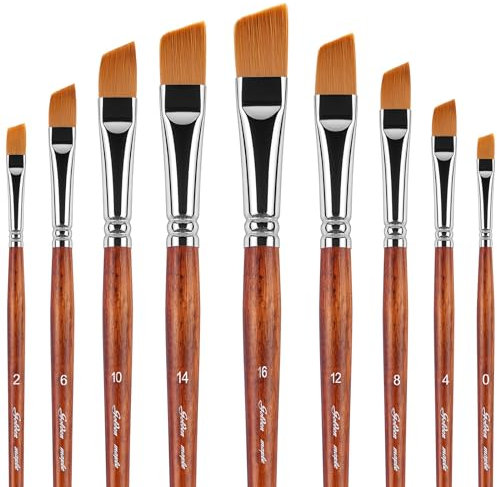 Golden Maple Angle Brush, 9 Pieces Slanted Tip Nylon Hair Short Handle Angled Brush Set Art Artist Professional Painting Supplies for Acrylic, Watercolor, Gouache and Oil Painting, Bronze