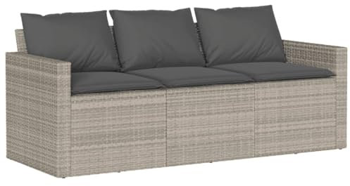 vidaXL Gartensofa, Sofa mit Kissen 3-Sitzer, Lounge Sitzgruppe Couch für Terrasse Balkon Garten, Gartenmöbel Garten Garnitur, Hellgrau Poly Rattan