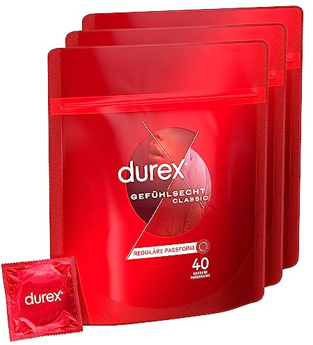 Durex Gefühlsecht Classic Kondome – Perfekter Sitz & leichtes Abrollen – Dünn, befeuchtet, transparent, angenehmer Geruch – 80 Kondome (3 x 40 Stück)