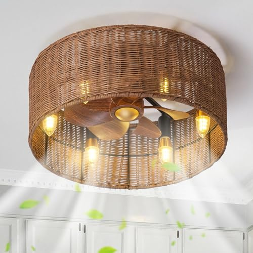 AHQX Ventilatore Da Soffitto E12 Con Lampada Telecomando Ventilatore Da Soffitto Vintage Spago Luce Ventilatore Reversibile Per Camera Da Letto Soggiorno Lounge (lampadina Non Inclusa)(B)