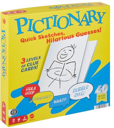 Mattel Games Pictionary Family Board Game for Kids, Adults and Game Night for 2 Teams with Erasable Markers, Boards and Sand Timer, JDX96