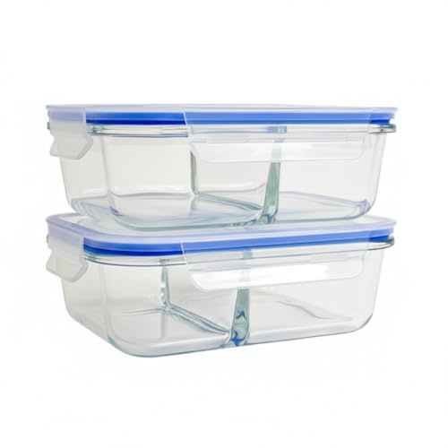 Lebensmittelbehälter aus Glas mit Deckel, 2 Stück, 2 Fächer, je 1040 ml, BPA-frei, luftdicht, ofen-, mikrowellen-, gefrier- und spülmaschinenfest, wiederverwendbare Lunchbox aus Glas mit Deckel