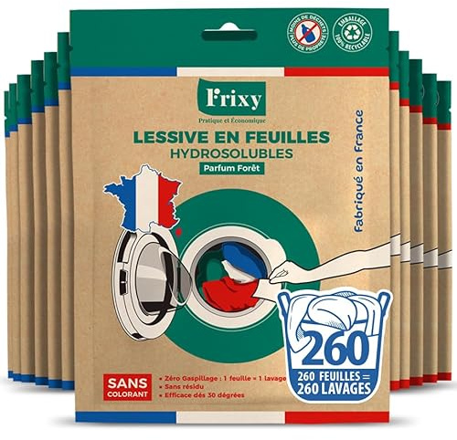 FRIXY - LESSIVE EN FEUILLES - Pack de 13 sachets (soit 260 feuilles) - Fabriquée en FRANCE - Pré-dosée (1 feuille = 1 lessive) - 100% hydrosoluble - Facile à utiliser et ranger