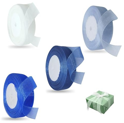 4 Rollen Organzaband, 45m × 20mm Geschenkband Blau Schleifenband Chiffonband Dekoband Organza für Geburtstag Geschenkverpackung Brautstrauß DIY Hochzeit Dekoration
