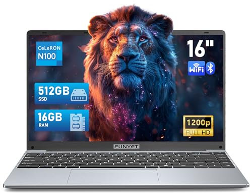 FUNYET 16-Zoll-Laptop, Celeron N100 Prozessor (bis zu 3,4 GHz), Win 11 System Notebook, 16 GB RAM, 512 GB SSD, 1920 x 1200 FHD Laptop mit beleuchteter Tastatur, Fingerprint Unlock, 6000 mAh Akku